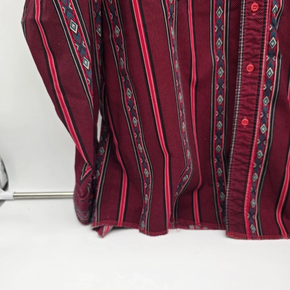 VTG Wrangler Shirt Mens XL Red Aztec Tribal X Long Tail Western Cowboy 17 1/2 35